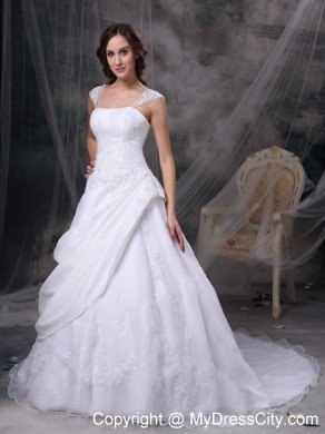 Square Train Satin and Organza Embriodery Decorated Wedding Dress